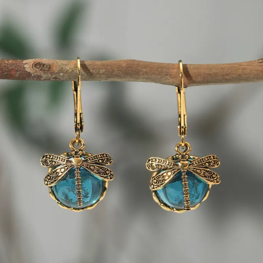 Vintage Style Royal Blue Crystal & Aged Gold Dragonfly Boho Dangle Earrings New